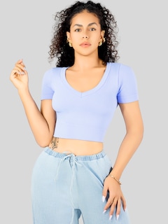 Foto 4 | Foto 4 | Playera Mujer Casual Crop Top Stretch Bl-1031 Azul Claro Cómoda Blusa Corta