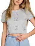 Blusa Crop Top Bl-1036 Gris Claro Con Estampado De Ositos Y Detalles Brillantes