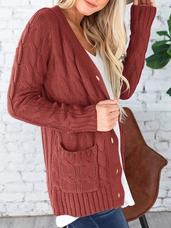 Foto 3 | Foto 3 | Jersey Tipo Cárdigan Prettygarden Para Mujer, Tejido Trenzado, Color Rojo, Talla L - Venta Internacional.