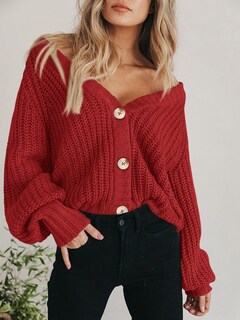 Foto 7 | Foto 7 | Jersey Tipo Cárdigan Prettygarden De Punto Grueso Para Mujer, Color Rojo Xl - Venta Internacional.