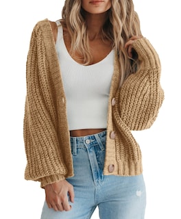 Foto 1 | Foto 1 | Cárdigan Prettygarden Para Mujer, Cuello En V, Punto Y Botones Holgados, Caqui - Venta Internacional.