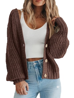 Foto 1 | Foto 1 | Jersey Prettygarden De Manga Larga Con Botones Para Mujer, Acrílico Marrón - Venta Internacional.