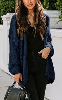 Foto 2 | Foto 2 | Jersey Prettygarden De Manga Larga Con Parte Delantera Abierta Para Mujer, Azul Marino - Venta Internacional.