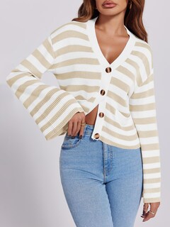 Foto 3 | Foto 3 | Jersey Tipo Cárdigan Saodimallsu A Rayas Para Mujer, Abrigo De Punto - Venta Internacional.