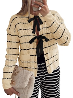 Foto 1 | Foto 1 | Jersey Tipo Cárdigan Saodimallsu A Rayas Con Lazo En La Parte Delantera Para Mujer, Color Beige - Venta Internacional.
