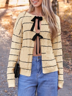 Foto 2 | Foto 2 | Jersey Tipo Cárdigan Saodimallsu A Rayas Con Lazo En La Parte Delantera Para Mujer, Color Beige - Venta Internacional.