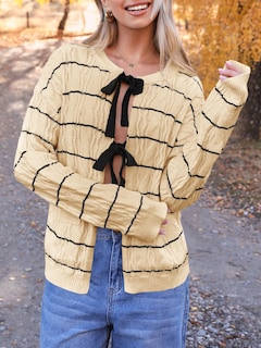 Foto 3 | Foto 3 | Jersey Tipo Cárdigan Saodimallsu A Rayas Con Lazo En La Parte Delantera Para Mujer, Color Beige - Venta Internacional.