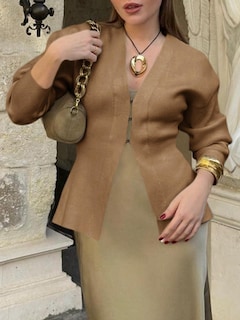 Foto 2 | Foto 2 | Jersey Tipo Cárdigan Saodimallsu Con Cuello En V, Punto Peplum, Marrón, Para Mujer - Venta Internacional.