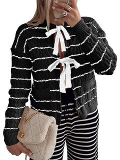 Foto 1 | Foto 1 | Suéter Tipo Cárdigan Saodimallsu A Rayas Con Lazo En La Parte Delantera Para Mujer, Negro - Venta Internacional.