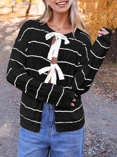 Foto 3 | Foto 3 | Suéter Tipo Cárdigan Saodimallsu A Rayas Con Lazo En La Parte Delantera Para Mujer, Negro - Venta Internacional.