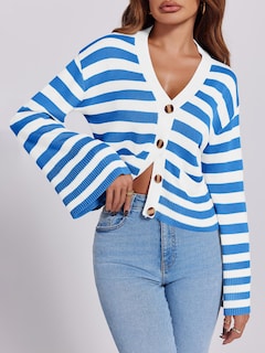 Foto 3 | Foto 3 | Jersey Tipo Cárdigan Saodimallsu De Algodón Azul A Rayas Para Mujer - Venta Internacional.