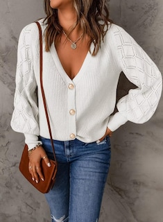 Foto 4 | Foto 4 | Jersey Tipo Cárdigan, Elegante, Cuello En V, Linterna De Manga Larga, Blanco - Venta Internacional.