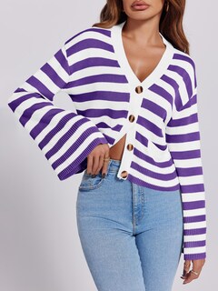 Foto 3 | Foto 3 | Jersey Tipo Cárdigan Saodimallsu De Punto A Rayas Con Bolsillos Para Mujer - Venta Internacional.