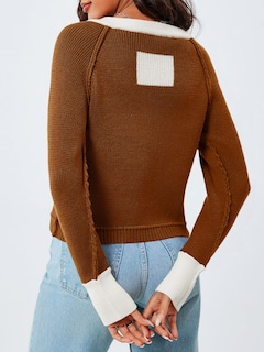 Foto 5 | Foto 5 | Jersey Tipo Cárdigan Saodimallsu, Recortado, Con Bloques De Color Café, Para Mujer - Venta Internacional.
