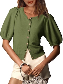 Foto 1 | Foto 1 | Cárdigan Saodimallsu Puff De Manga Corta Para Mujer, Color Verde Militar - Venta Internacional.