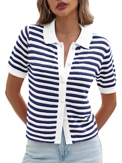 Foto 2 | Foto 2 | Suéter Polo a Rayas Saodimallsu Manga Corta para Mujer Azul Marino - Venta Internacional