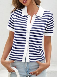 Foto 3 | Foto 3 | Suéter Polo a Rayas Saodimallsu Manga Corta para Mujer Azul Marino - Venta Internacional