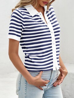 Foto 4 | Foto 4 | Suéter Polo a Rayas Saodimallsu Manga Corta para Mujer Azul Marino - Venta Internacional