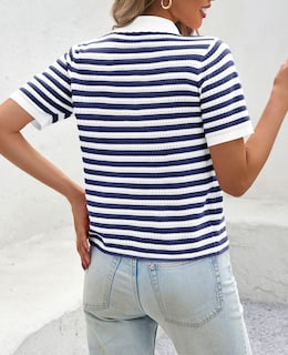 Foto 5 | Foto 5 | Suéter Polo a Rayas Saodimallsu Manga Corta para Mujer Azul Marino - Venta Internacional