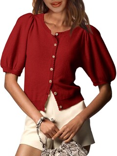 Foto 1 | Foto 1 | Cárdigan Saodimallsu Puff De Manga Corta Para Mujer, Color Rojo Vino - Venta Internacional.