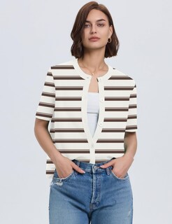 Foto 3 | Foto 3 | Cárdigan Lomon Para Mujer, Primavera-verano, Manga Corta, Punto Blanco A Rayas - Venta Internacional.