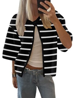 Foto 1 | Foto 1 | Cárdigan Lomon Para Mujer, Primavera Y Verano, Manga Corta, Tejido A Rayas En Blanco Y Negro - Venta Internacional.