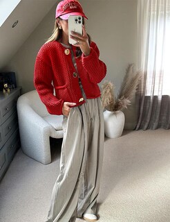 Foto 4 | Foto 4 | Jersey Tipo Cárdigan Yimoon, Corto, De Punto Grueso, Rojo Para Mujer - Venta Internacional.