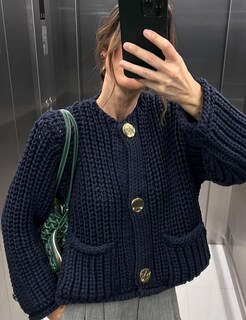 Foto 2 | Foto 2 | Jersey Tipo Cárdigan Yimoon Para Mujer, De Punto Grueso, Corto, Azul Marino - Venta Internacional.