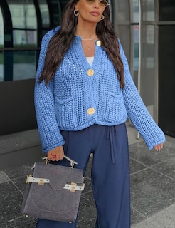 Foto 3 | Foto 3 | Jersey Tipo Cárdigan Yimoon Para Mujer, De Punto Grueso, Azul Recortado, Talla S - Venta Internacional.
