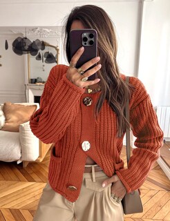 Foto 2 | Foto 2 | Jersey Tipo Cárdigan Yimoon Para Mujer, Corto, De Punto Grueso, Rojo Ladrillo - Venta Internacional.