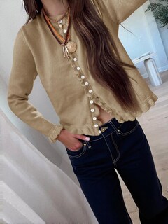 Foto 2 | Foto 2 | Jersey Tipo Cárdigan Saodimallsu Para Mujer Con Volantes Y Botones Color Caqui - Venta Internacional.