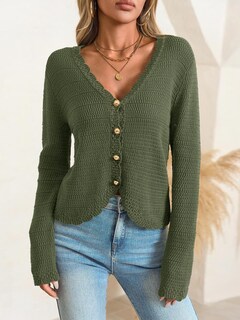 Foto 2 | Foto 2 | Jersey Tipo Cárdigan Saodimallsu Con Cuello En V Punto Corto Holgado Verde Militar - Venta Internacional.