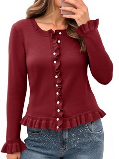 Foto 1 | Foto 1 | Jersey Tipo Cárdigan Saodimallsu Para Mujer Con Volantes Y Botones Color Burdeos - Venta Internacional.