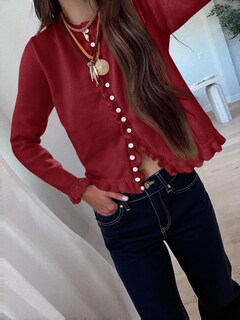 Foto 2 | Foto 2 | Jersey Tipo Cárdigan Saodimallsu Para Mujer Con Volantes Y Botones Color Burdeos - Venta Internacional.