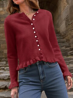 Foto 3 | Foto 3 | Jersey Tipo Cárdigan Saodimallsu Para Mujer Con Volantes Y Botones Color Burdeos - Venta Internacional.