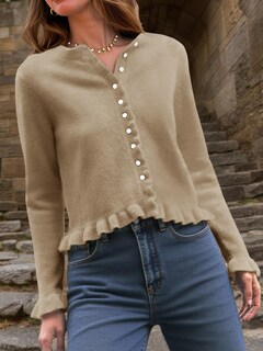 Foto 3 | Foto 3 | Jersey Tipo Cárdigan Saodimallsu Para Mujer Con Volantes Y Botones Color Caqui - Venta Internacional.
