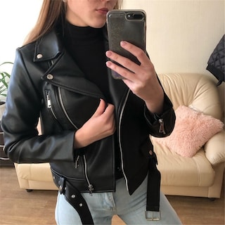 Foto 1 | Foto 1 | Venta Internacional- Chamarra de Cuero con Cuello Vuelto Casaco Negra para Mujer