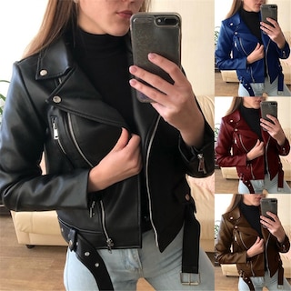 Foto 3 | Foto 3 | Venta Internacional- Chamarra de Cuero con Cuello Vuelto Casaco Negra para Mujer
