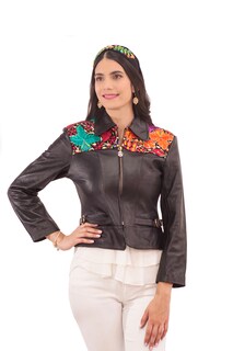 Foto 1 | Foto 1 | Chamarra A ÁNGELOZANO color Negro de Piel con Telar Artesanal con Cinto