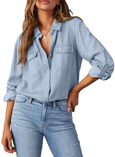 Foto 1 | Foto 1 | Camisa Elegante De Mezclilla Con Botones Para Mujer, Manga Larga, Cuello En V - Venta Internacional.