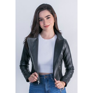 Foto 3 | Foto 3 | Chamarra Biker Negra Castelli Slim Fit Piel Mujer Borrego