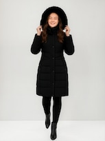 Chamarra Larga Elegante con Gorro y Peluche Sakers Negra para Mujer