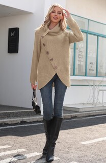 Foto 2 | Foto 2 | Jersey Grecerelle Para Mujer, Cuello Alto, Punto Grueso, Color Caqui, Talla L - Venta Internacional.