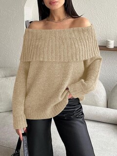Foto 4 | Foto 4 | Jersey Saodimallsu De Punto Holgado Con Hombros Descubiertos Para Mujer De Otoño, Caqui - Venta Internacional.