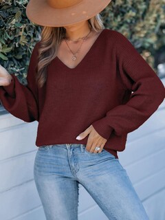 Foto 4 | Foto 4 | Jersey Cupshe Para Mujer, Cuello En V, Manga Larga, Lazo, Gran Tamaño, Rojo, Talla M - Venta Internacional.