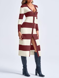 Foto 3 | Foto 3 | Vestido Tipo Suéter Saodimallsu A Rayas Con Cuello En V Y Manga Larga, Color Rojo Vino - Venta Internacional.