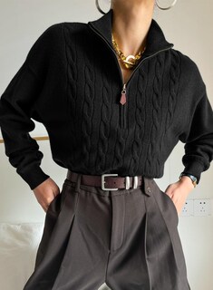 Foto 5 | Foto 5 | Jersey Dokotoo Negro Acanalado Con Cuello En V Y Cremallera Para Mujer Otoño-invierno - Venta Internacional.