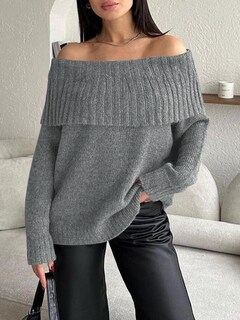 Foto 4 | Foto 4 | Jersey Saodimallsu De Punto Gris Con Hombros Descubiertos Para Mujer - Venta Internacional.