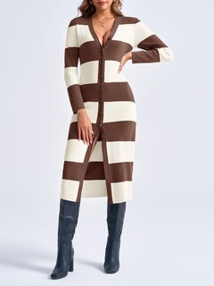 Foto 4 | Foto 4 | Vestido Tipo Suéter Saodimallsu A Rayas Con Cuello En V Y Botones, Color Café, Para Mujer - Venta Internacional.