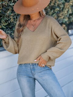 Foto 4 | Foto 4 | Jersey Cupshe Para Mujer, Cuello En V, Manga Larga, Lazo, Gran Tamaño, Marrón - Venta Internacional.